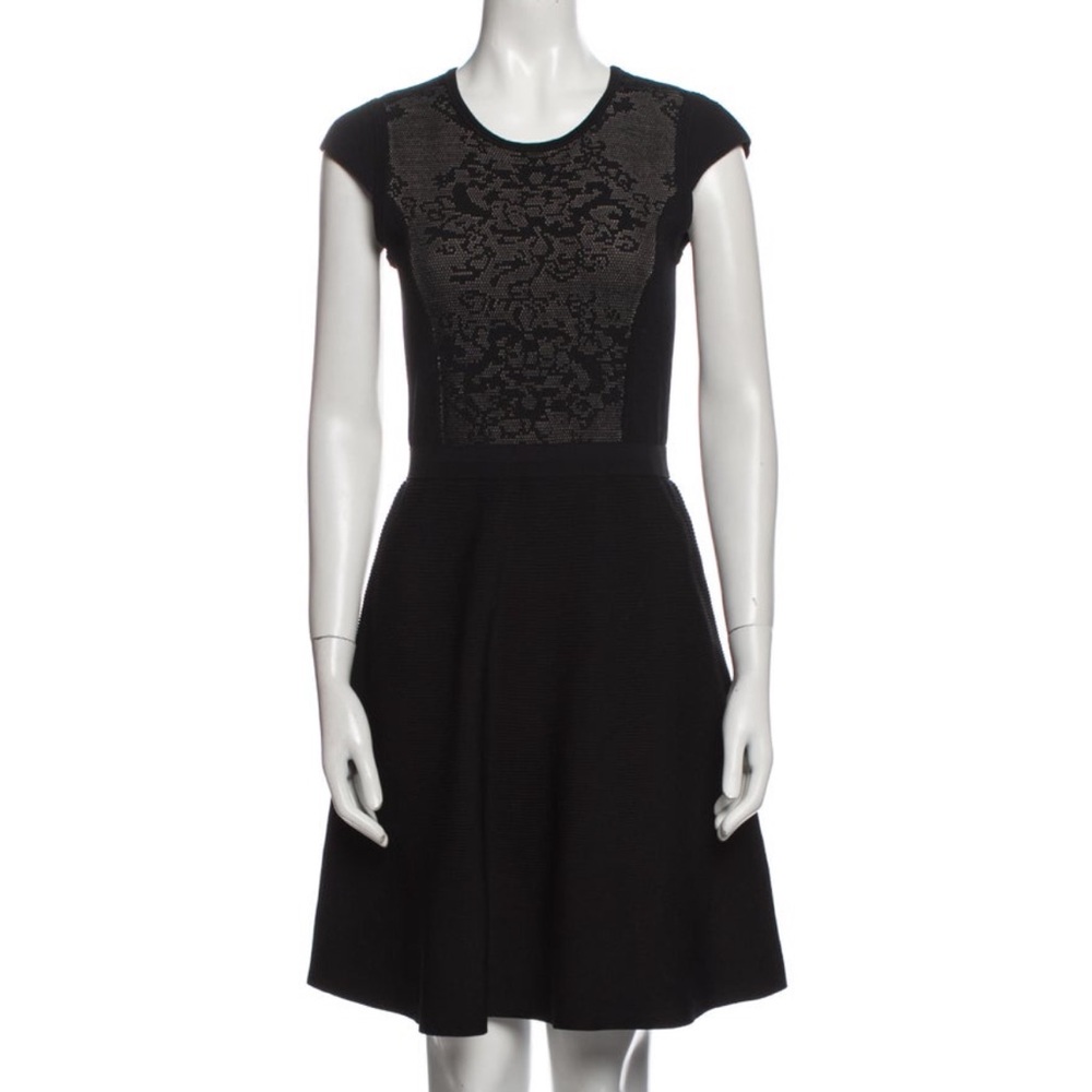 Rebecca Taylor Intarsia‎ Knit Dress Fit & Flare Crew Neck Cap Sleeve Black Small